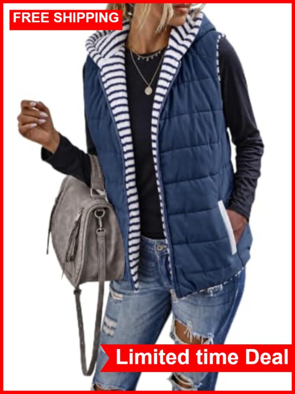 Sherpa Fleece Reversible Zip Up Vest Warm Hooded Sleeveless Outerwear
